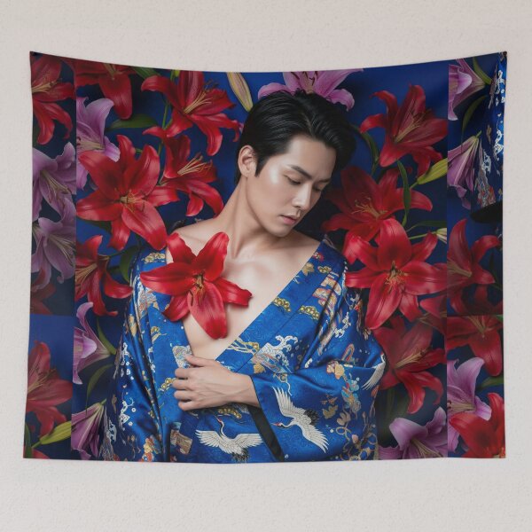 Item preview, Sensual Tattoed Asian Man in Kimono with Lilies #10 designed and sold by Atlas Kai.