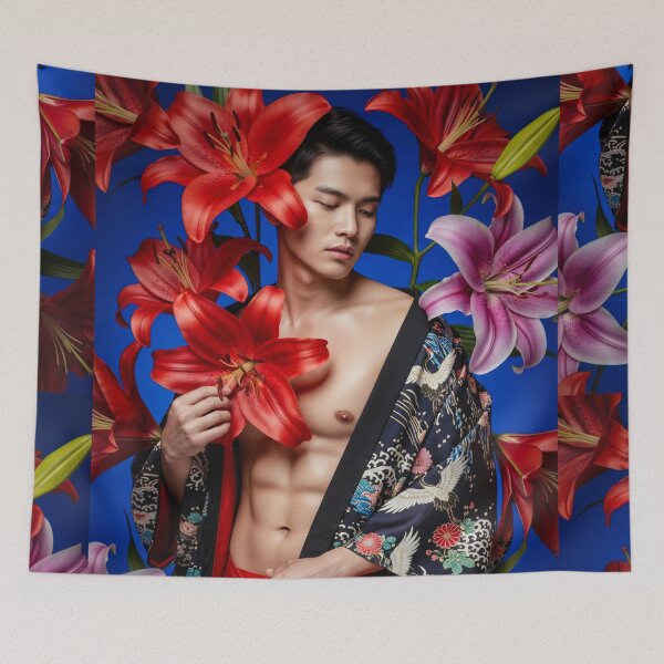 Item preview, Sensual Tattoed Asian Man in Kimono with Lilies #13 designed and sold by Atlas Kai.