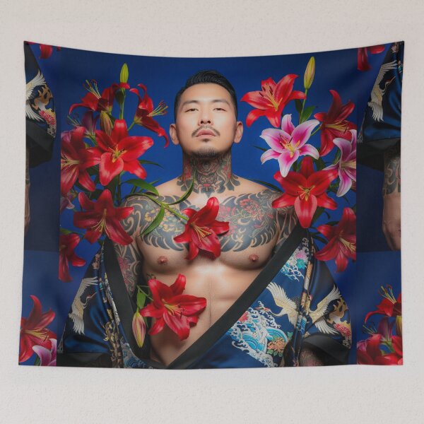 Item preview, Sensual Tattoed Asian Man in Kimono with Lilies #15 designed and sold by Atlas Kai.