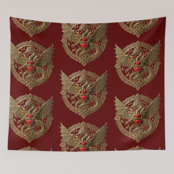 Item preview, Golden Dragon with Red Hearts Print, Gothic Romance wall Art, Fantasy Couple Design, Viking home Decor  designed and sold by TheGaliyaStudio.