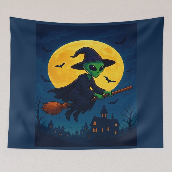 Item preview, Spooky Space Traveler: Halloween Trick-or-Treat, a vibrant and spooky design with an Alien Witch Flying on a Broomstick designed and sold by Grang Art Artistic Designs.