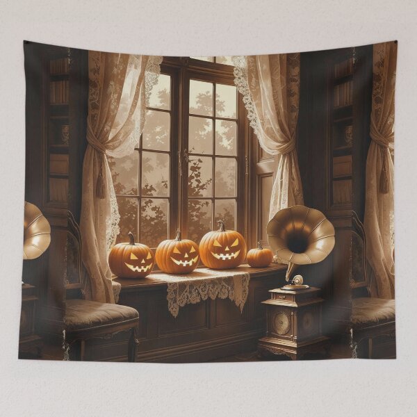 Item preview, Lace-Curtained Pumpkin Parlor – Vintage Cottagecore Halloween Charm designed and sold by Deezyned.
