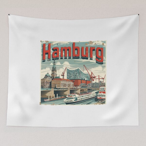 Artikelvorschau, Retro Hamburg Cityscape with Elbe River Tour Boat entworfen und verkauft von Elbstromstudio.