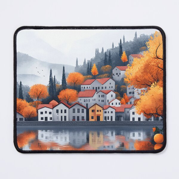 Item preview, Charming Autumn Village by Reflective Lake Scene designed and sold by Artessie.