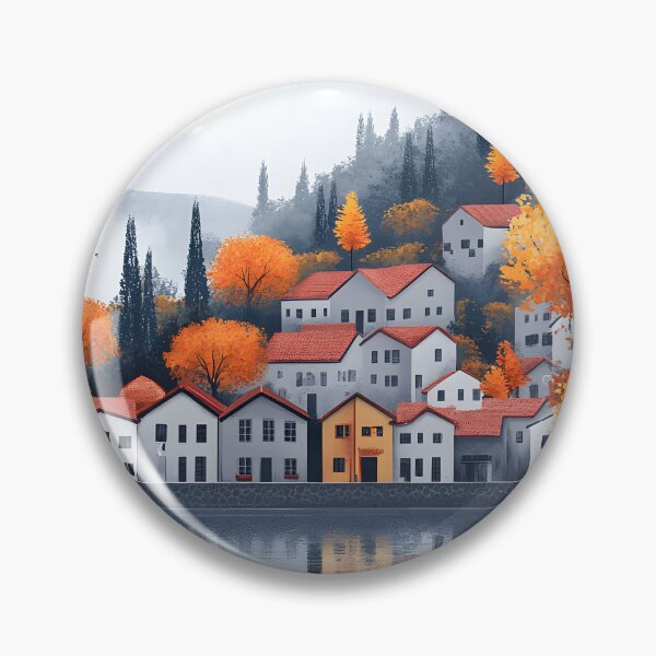 Artikelvorschau, Charmantes Herbstdorf an der reflektierenden Seeszene entworfen und verkauft von Artessie.