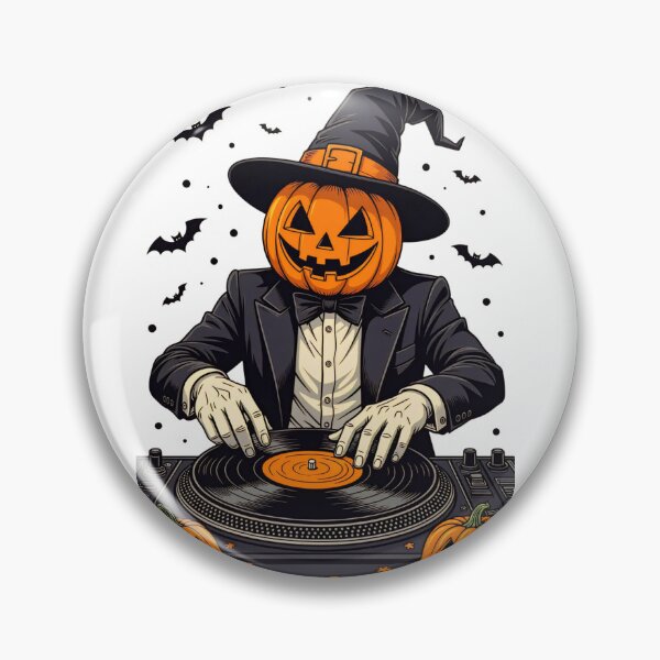 Item preview, DJ with a pumpkin head performing at a Halloween party surrounded by decorations in a festive atmosphere designed and sold by SpaceartLilu.