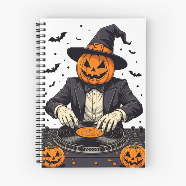 Item preview, DJ with a pumpkin head performing at a Halloween party surrounded by decorations in a festive atmosphere designed and sold by SpaceartLilu.