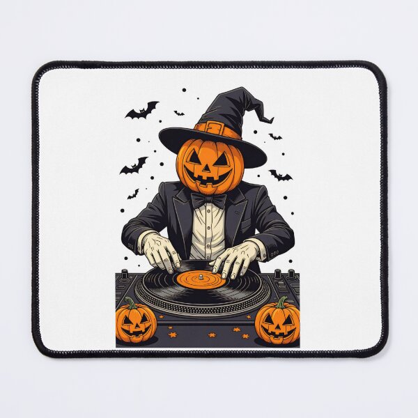 Item preview, DJ with a pumpkin head performing at a Halloween party surrounded by decorations in a festive atmosphere designed and sold by SpaceartLilu.