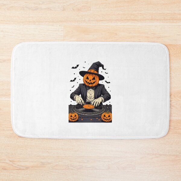 Item preview, DJ with a pumpkin head performing at a Halloween party surrounded by decorations in a festive atmosphere designed and sold by SpaceartLilu.