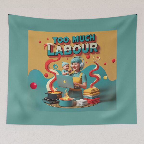 Item preview, Too Much Labour – Retro Feminist Poster Art Turquoise designed and sold by Faerestry.