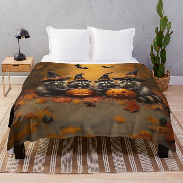 Item preview, Four Raccoons Dressed as Witches for Halloween with Pumpkins in a Magical Forest – Cute Spooky Fantasy Art designed and sold by baggycatsworld.