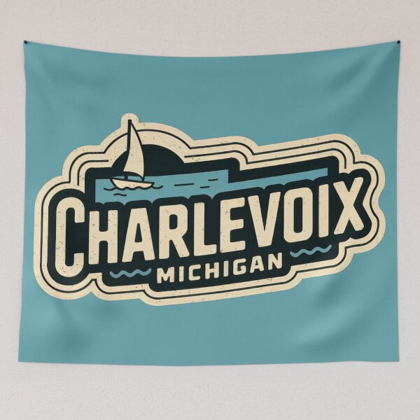Item preview, Charlevoix Michigan Retro 70s Sailboat designed and sold by TheOldMittenIllustrated.