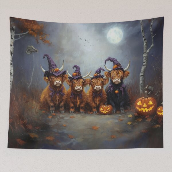 Item preview, Four Highland Cows Dressed as Witches in a Spooky Forest Clearing – Cute Halloween Fantasy Art designed and sold by baggycatsworld.