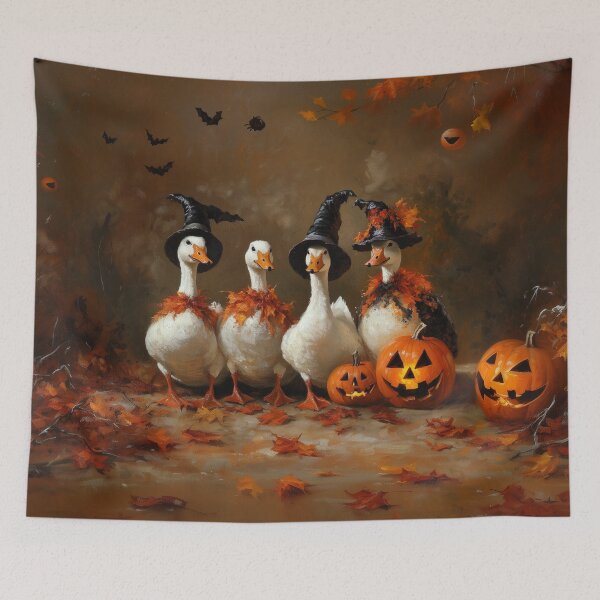 Item preview, Four Geese Dressed for Halloween in a Magical Forest Clearing – Cute Spooky Fantasy Art designed and sold by baggycatsworld.