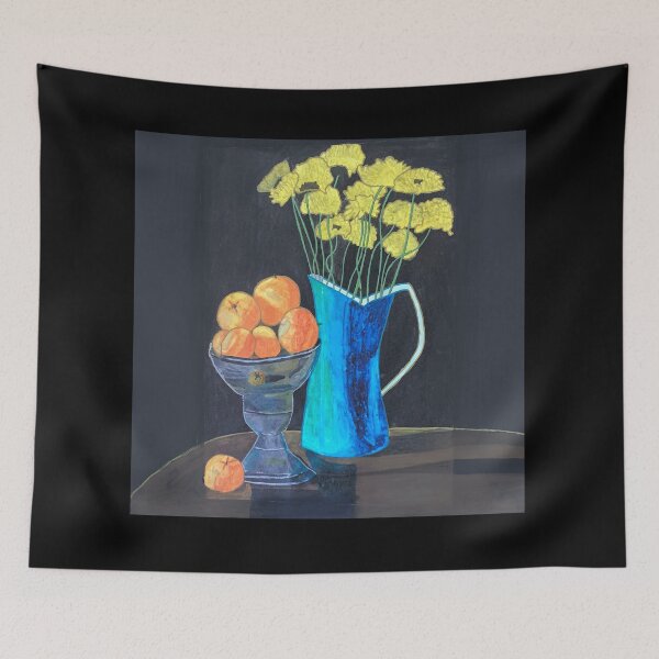 Artikelvorschau, Stillleben – Blumenvase und Früchte auf einem Tisch – Aquarell auf Papier entworfen und verkauft von Svasti Arts and Designs.