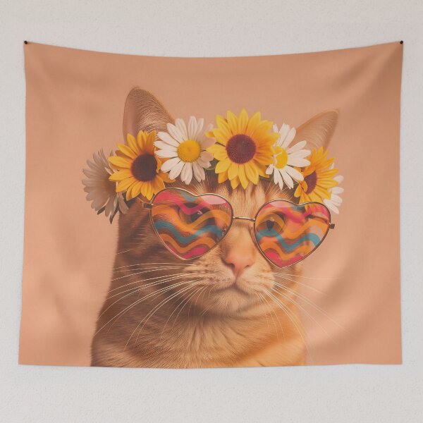 Item preview, Groovy Hippie Cat – Retro Feline with Heart Glasses and Flower Crown designed and sold by Dino-Lune.