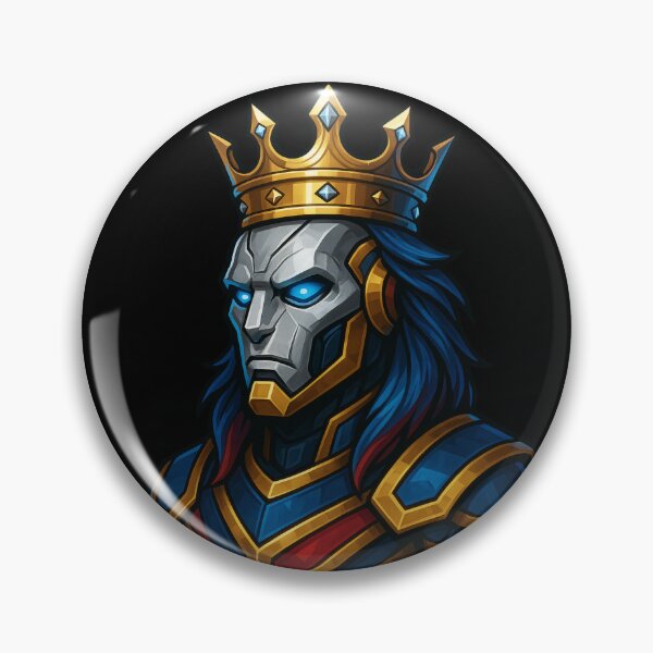 Item preview, Futuristic Robotic King Warrior with Glowing Blue Eyes Wearing Golden Crown and Armor in Dark Fantasy Cyber Style designed and sold by Mimoshi ⭐⭐⭐⭐⭐.