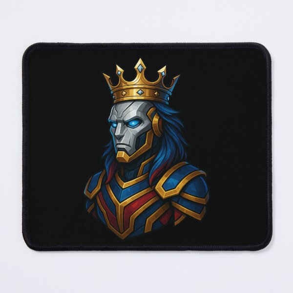 Item preview, Futuristic Robotic King Warrior with Glowing Blue Eyes Wearing Golden Crown and Armor in Dark Fantasy Cyber Style designed and sold by Mimoshi ⭐⭐⭐⭐⭐.