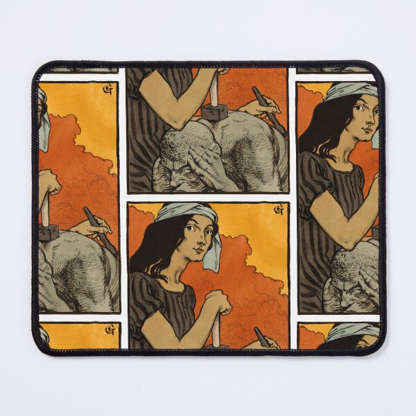 Item preview, Vintage Illustration Depicting a Determined Woman Sculpting with Chisel and Hammer designed and sold by portokalis.