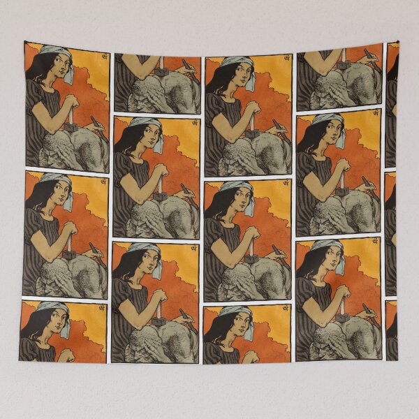 Item preview, Vintage Illustration Depicting a Determined Woman Sculpting with Chisel and Hammer designed and sold by portokalis.