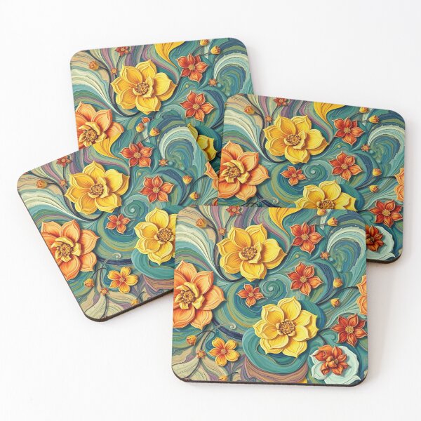 Item preview, Moody Floral Yellow, Blue and Orange Pattern home Decor and accessories, flowers t-shirt design  designed and sold by TheGaliyaStudio.