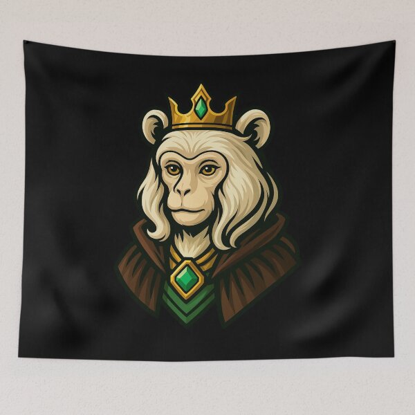 Item preview, Elegant Monkey Queen Character with Golden Crown and Emerald Necklace Wearing Royal Cloak Fantasy Animal Illustration Design designed and sold by Mimoshi ⭐⭐⭐⭐⭐.
