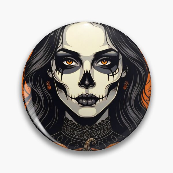 Item preview, Vibrant Halloween illustration featuring a skull-faced woman with pumpkins and bats in a spooky setting designed and sold by SpaceartLilu.