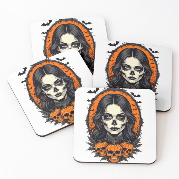 Item preview, Vibrant Halloween illustration featuring a skull-faced woman with pumpkins and bats in a spooky setting designed and sold by SpaceartLilu.