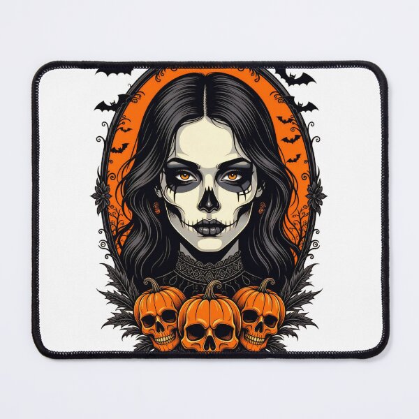 Item preview, Vibrant Halloween illustration featuring a skull-faced woman with pumpkins and bats in a spooky setting designed and sold by SpaceartLilu.