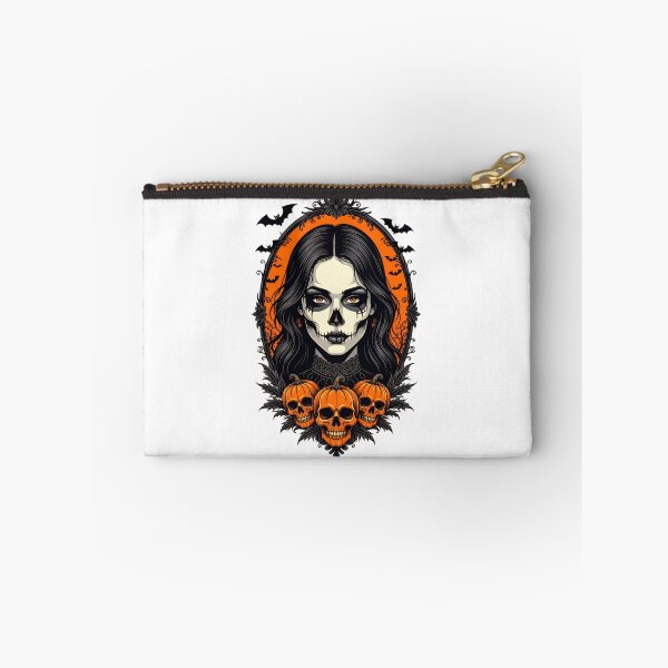 Item preview, Vibrant Halloween illustration featuring a skull-faced woman with pumpkins and bats in a spooky setting designed and sold by SpaceartLilu.
