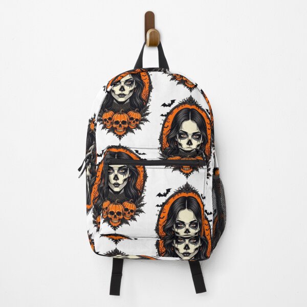 Item preview, Vibrant Halloween illustration featuring a skull-faced woman with pumpkins and bats in a spooky setting designed and sold by SpaceartLilu.