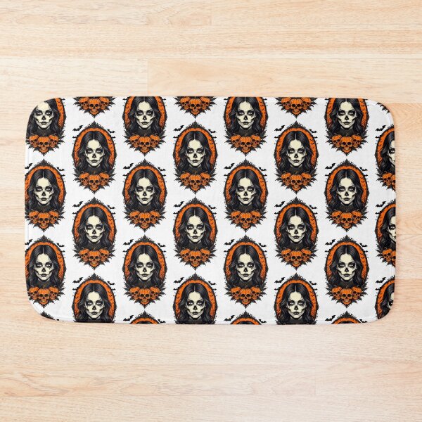 Item preview, Vibrant Halloween illustration featuring a skull-faced woman with pumpkins and bats in a spooky setting designed and sold by SpaceartLilu.