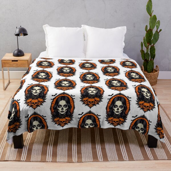 Item preview, Vibrant Halloween illustration featuring a skull-faced woman with pumpkins and bats in a spooky setting designed and sold by SpaceartLilu.