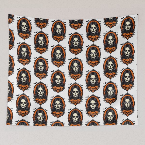 Item preview, Vibrant Halloween illustration featuring a skull-faced woman with pumpkins and bats in a spooky setting designed and sold by SpaceartLilu.