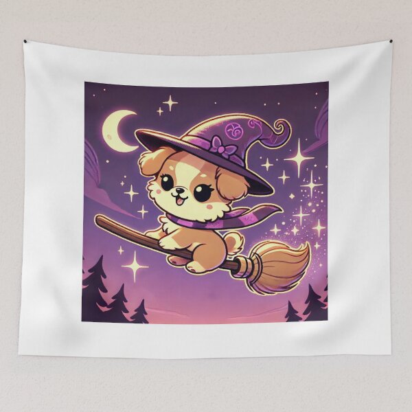Item preview, Cute Witch Puppy Flying on Broom designed and sold by purrfectprints2025 .