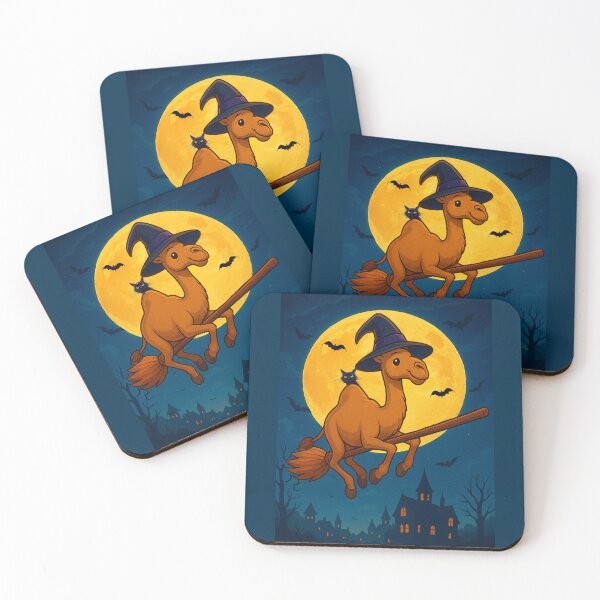 Artikelvorschau, Auf der Jagd: Halloween-Süßes oder Saures, ein lebendiges und gruseliges Design mit einem Kamel, Kürbissen, Fledermäusen und schwarzen Katzen entworfen und verkauft von Camel & Quirk.