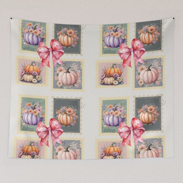 Item preview,  Vintage Halloween Postage Stamp Set , Pink Pumpkins, Pastel Pumpkins with Flowers, Pink Ribbon designed and sold by KolorellaS.