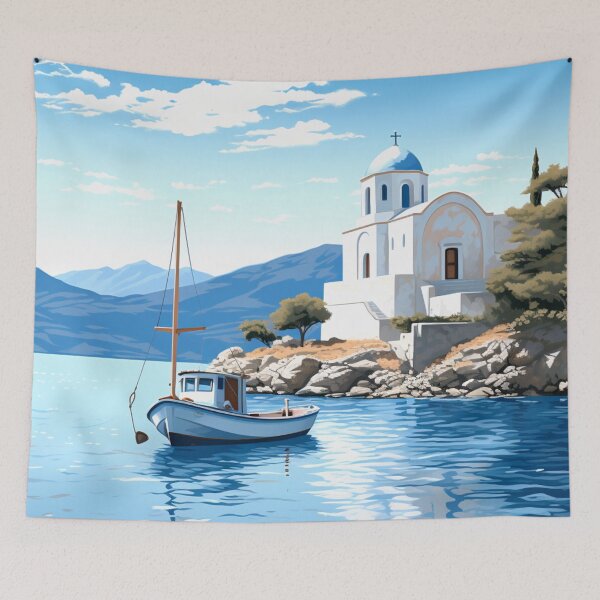 Item preview, blue water with white house, wallpaper, blue island designed and sold by WishArtDesign.