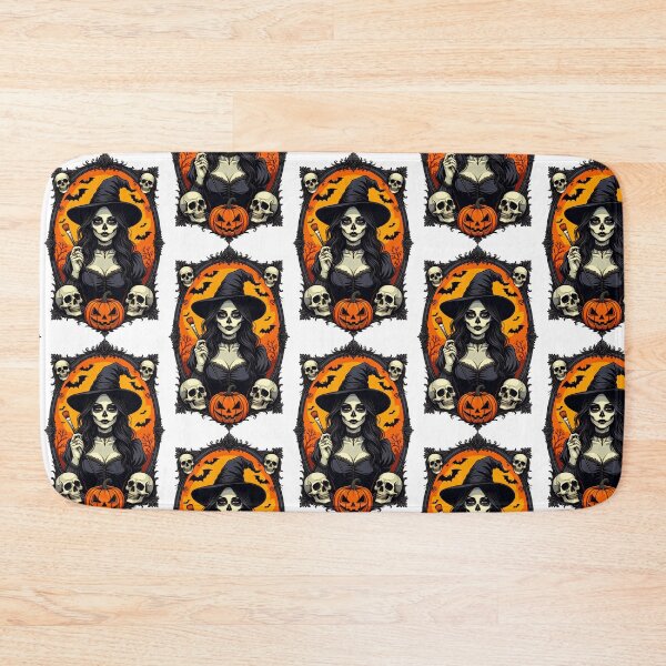 Item preview, Witch with skulls and pumpkins prepares for Halloween celebration at dusk designed and sold by SpaceartLilu.