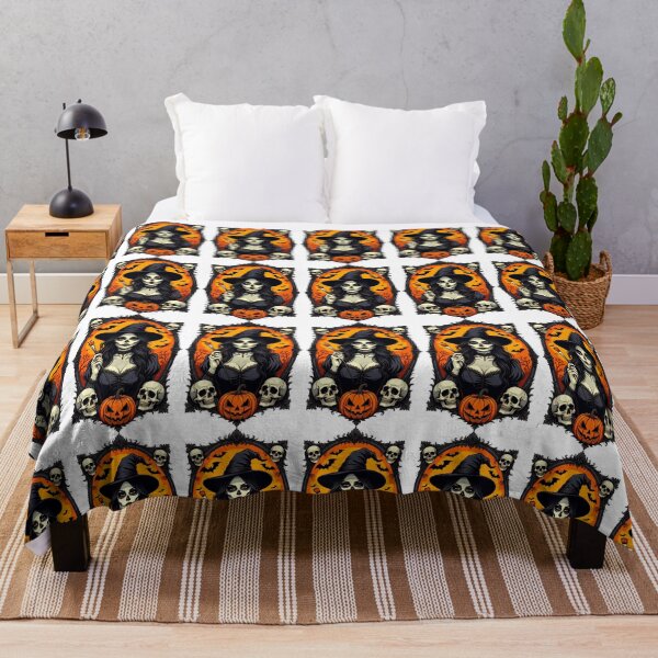 Item preview, Witch with skulls and pumpkins prepares for Halloween celebration at dusk designed and sold by SpaceartLilu.
