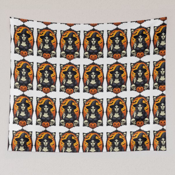 Item preview, Witch with skulls and pumpkins prepares for Halloween celebration at dusk designed and sold by SpaceartLilu.