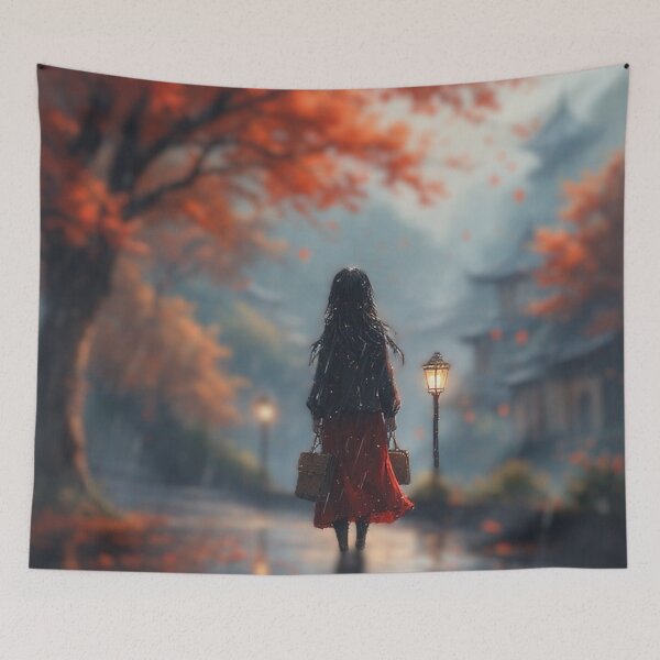 Item preview, Autumn Lantern Walk – Cozy Rainy Evening Illustration by NegarTv Designs designed and sold by NegarTv Designs.