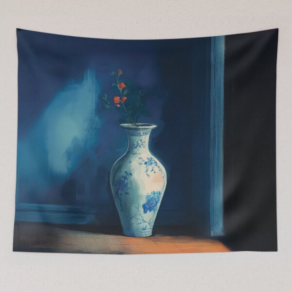 Item preview, A beautiful design of a vase with flowers in a dramatic blue room. designed and sold by HEMRO.