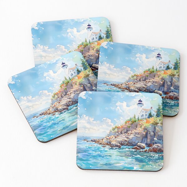 Item preview, Bar Harbor Lighthouse by the Sea with Sailboats Cliffs and Summer Flowers Coastal Landscape Art designed and sold by daila70.