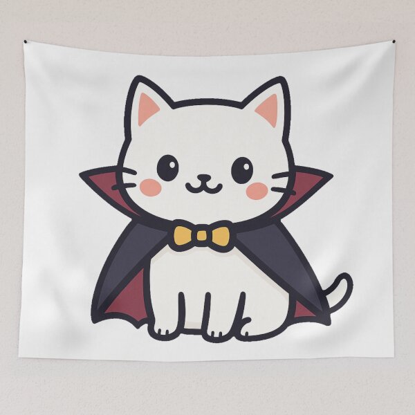 Item preview, Cute White Vampire Cat Cartoon with Cape Bow Tie Adorable Halloween Kitten Character Spooky Funny Kawaii Design Clipart designed and sold by Mimoshi ⭐⭐⭐⭐⭐.