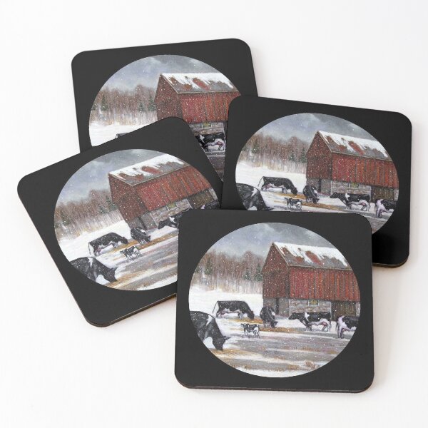 Item preview, Holstein Cows And Calf in Snow, Old Red Barn, Oil Pastel, Painting designed and sold by JoyfulWhimsy.