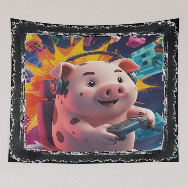 Artikelvorschau, Verspielter gefleckter Schwein-Gamer mit lebendigem Hintergrund #0101 entworfen und verkauft von A2JRetro.