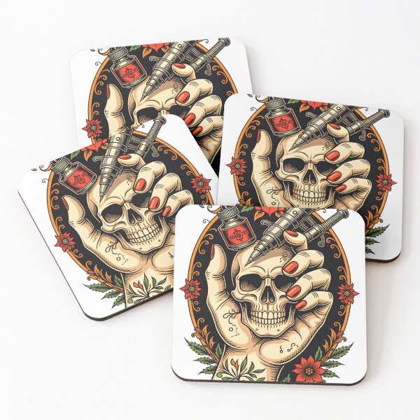 Item preview, Halloween Hand holding a skull with tattoo equipment and flowers in a colorful design designed and sold by SpaceartLilu.