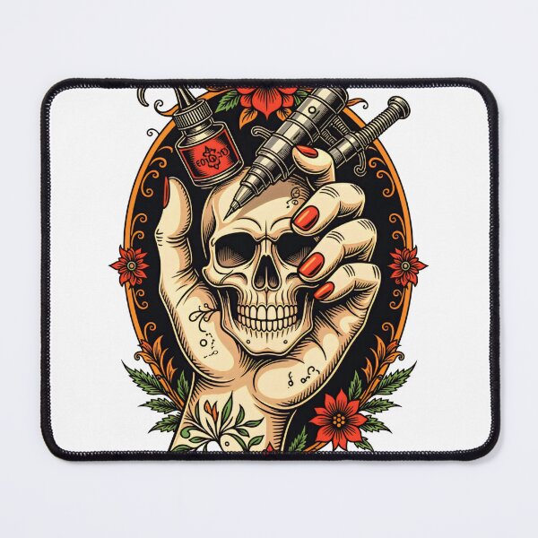Item preview, Halloween Hand holding a skull with tattoo equipment and flowers in a colorful design designed and sold by SpaceartLilu.