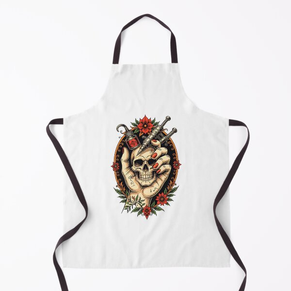 Item preview, Halloween Hand holding a skull with tattoo equipment and flowers in a colorful design designed and sold by SpaceartLilu.